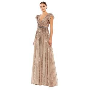NWT Mac Duggal Copper Sequined Wrap Over Ruffled Cap Sleeve Gown, Sz 12, 698$